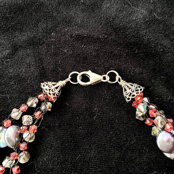 Handmade Wire Crochet Coin Pearls Swarovski Crystals Necklace Sterling 16in - Picture 4 of 5